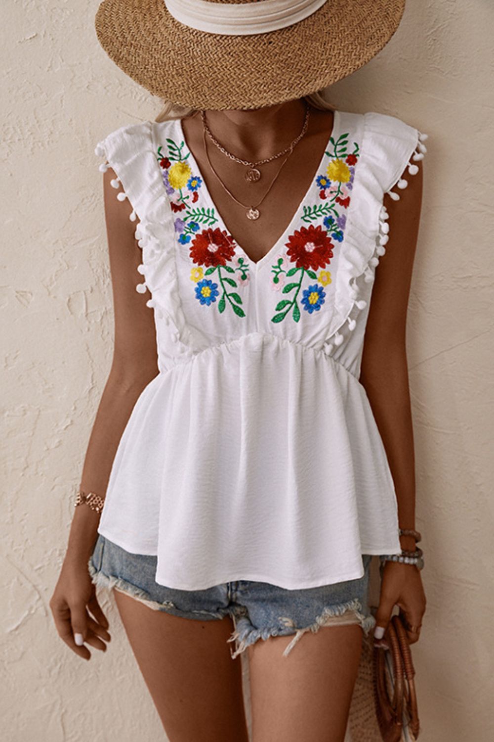 Embroidered Pom-Pom Trim Cap Sleeve Babydoll Top-Trendsi-White-S-[option4]-[option5]-[option6]-[option7]-[option8]-Shop-Boutique-Clothing-for-Women-Online