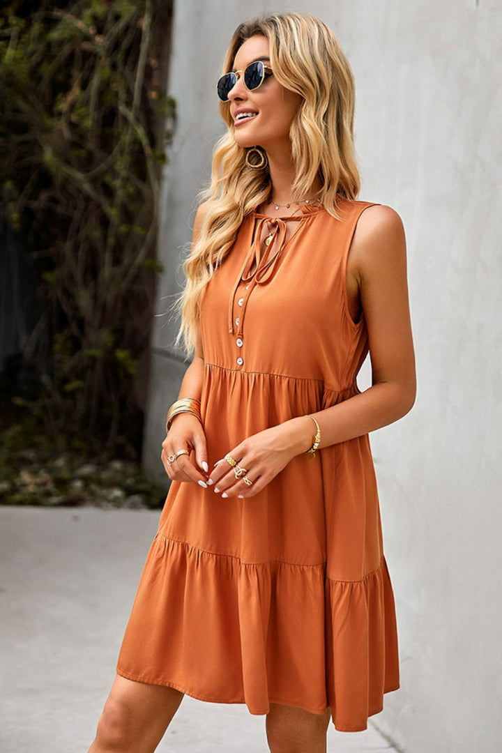 Tie Neck Tiered Dress with Decorative Buttons-Trendsi-[option4]-[option5]-[option6]-[option7]-[option8]-Shop-Boutique-Clothing-for-Women-Online