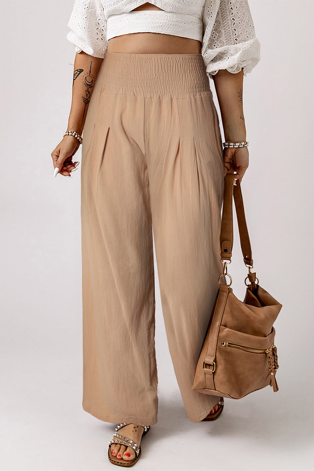 Smocked High Waist Wide Leg Pants-Trendsi-Tan-S-[option4]-[option5]-[option6]-[option7]-[option8]-Shop-Boutique-Clothing-for-Women-Online