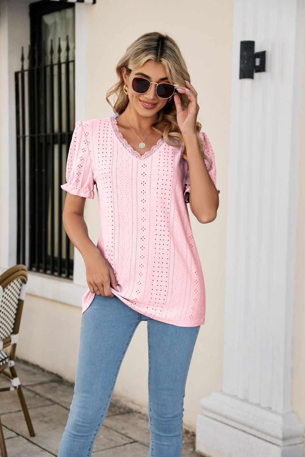 Eyelet Flounce Sleeve Scalloped V-Neck Top-Trendsi-[option4]-[option5]-[option6]-[option7]-[option8]-Shop-Boutique-Clothing-for-Women-Online