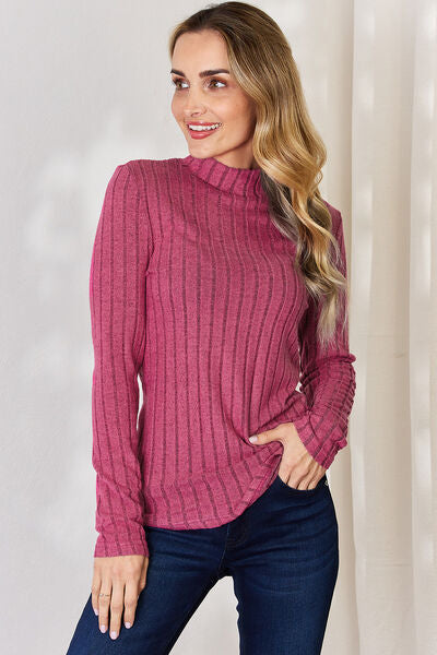 Basic Bae Ribbed Mock Neck Long Sleeve T-Shirt-Trendsi-Hot Pink-S-[option4]-[option5]-[option6]-[option7]-[option8]-Shop-Boutique-Clothing-for-Women-Online