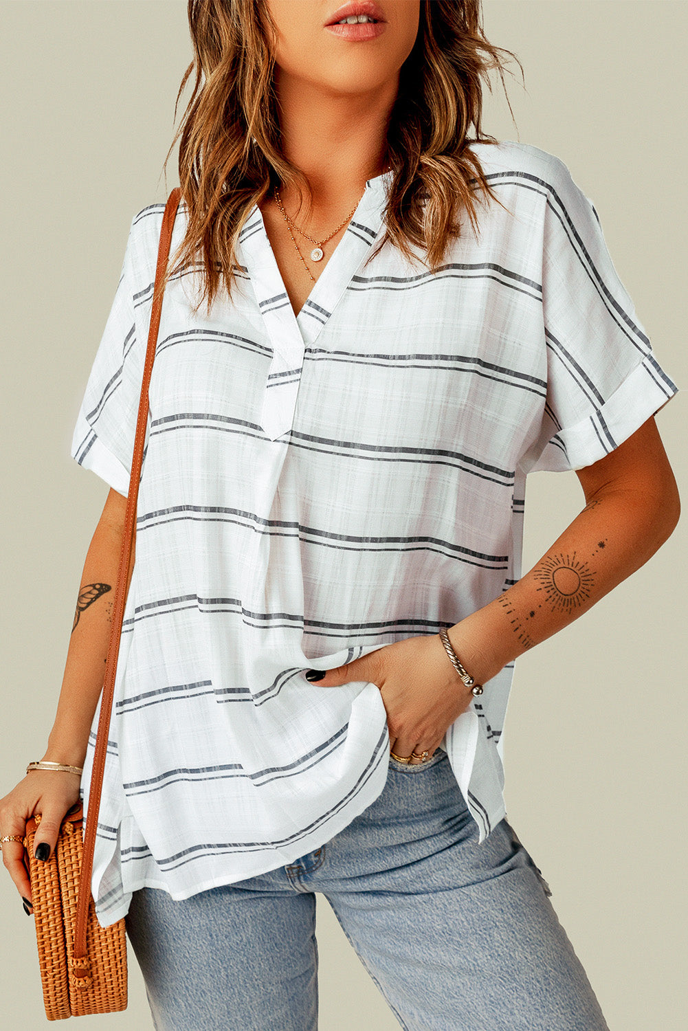 Notched Side Slit Cuffed Blouse-Trendsi-[option4]-[option5]-[option6]-[option7]-[option8]-Shop-Boutique-Clothing-for-Women-Online