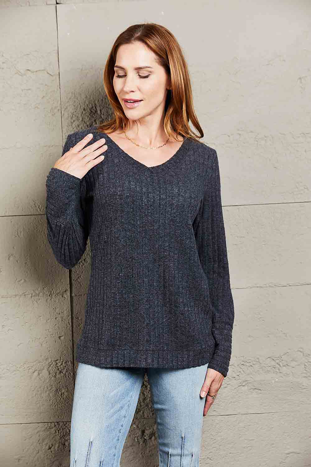 Double Take V-Neck Long Sleeve Ribbed Top-Trendsi-Black-S-[option4]-[option5]-[option6]-[option7]-[option8]-Shop-Boutique-Clothing-for-Women-Online