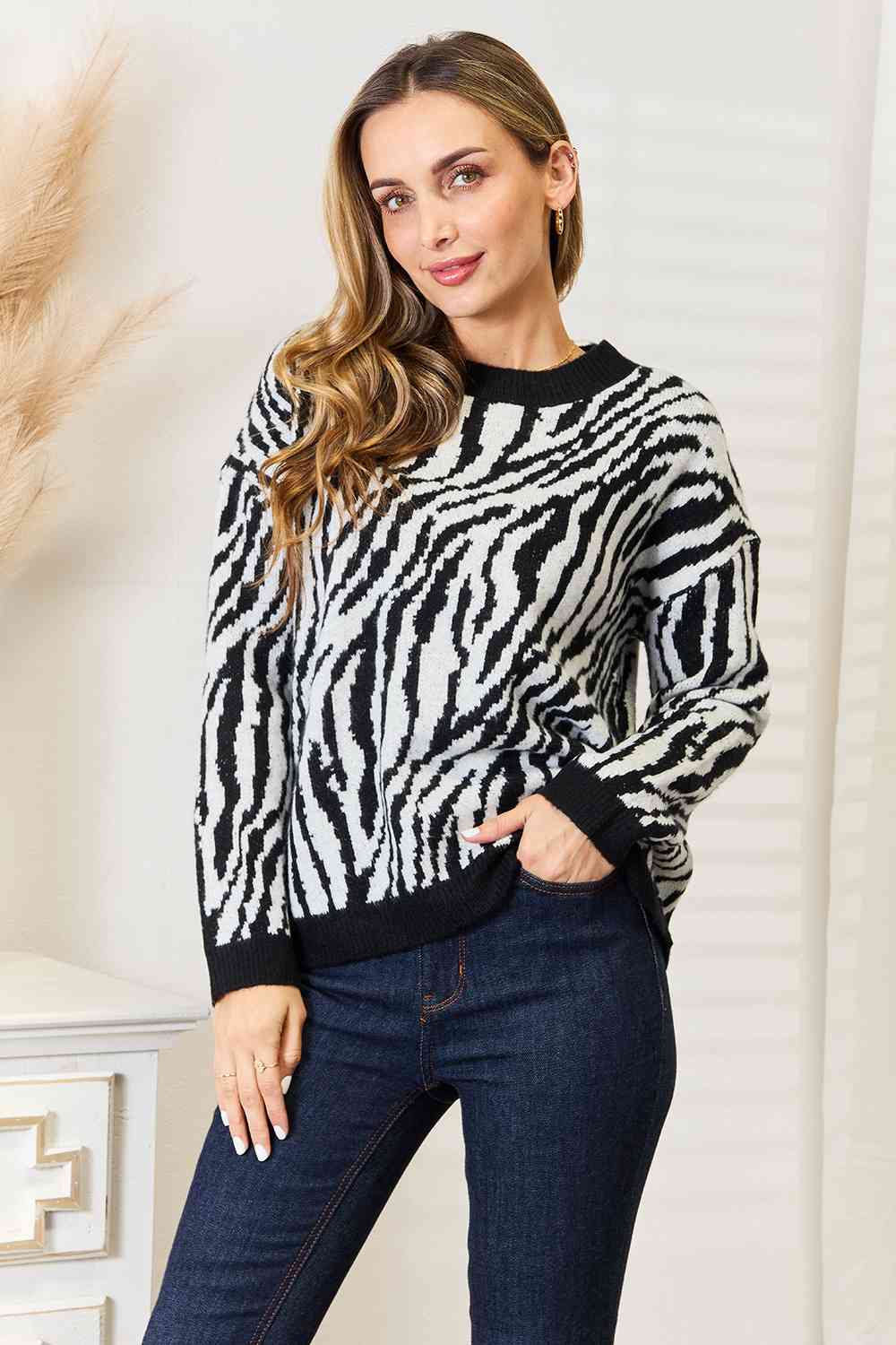 Heimish Zebra Print Sweater-Trendsi-Black/White-S-[option4]-[option5]-[option6]-[option7]-[option8]-Shop-Boutique-Clothing-for-Women-Online
