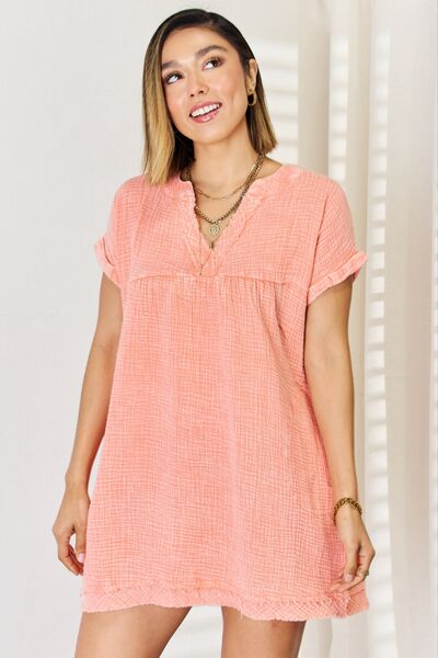 Zenana Washed Nochted Rolled Short Sleeve Dress-Trendsi-Coral-S-[option4]-[option5]-[option6]-[option7]-[option8]-Shop-Boutique-Clothing-for-Women-Online