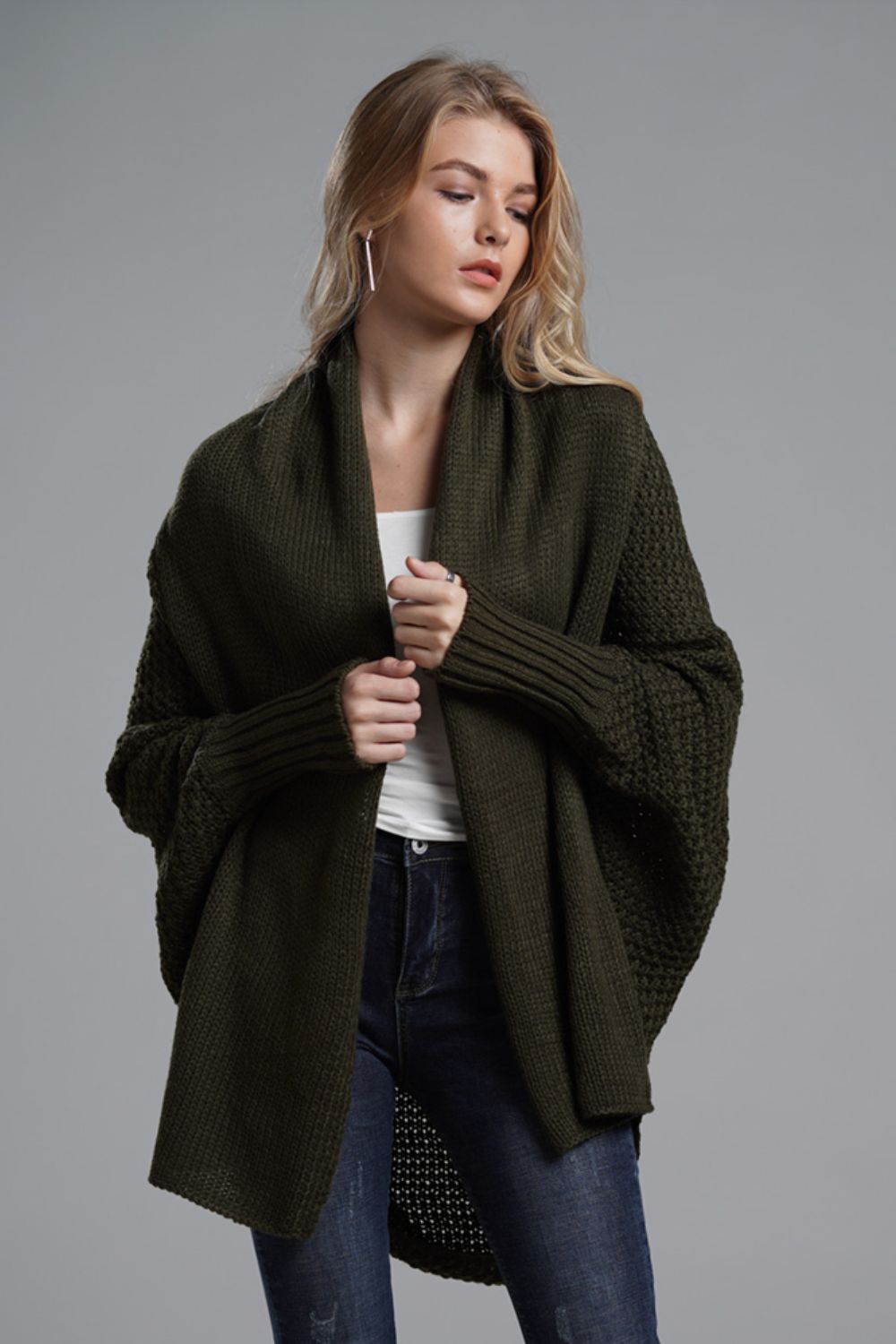 Double Take Dolman Sleeve Open Front Ribbed Trim Longline Cardigan-Trendsi-Olive-One Size-[option4]-[option5]-[option6]-[option7]-[option8]-Shop-Boutique-Clothing-for-Women-Online