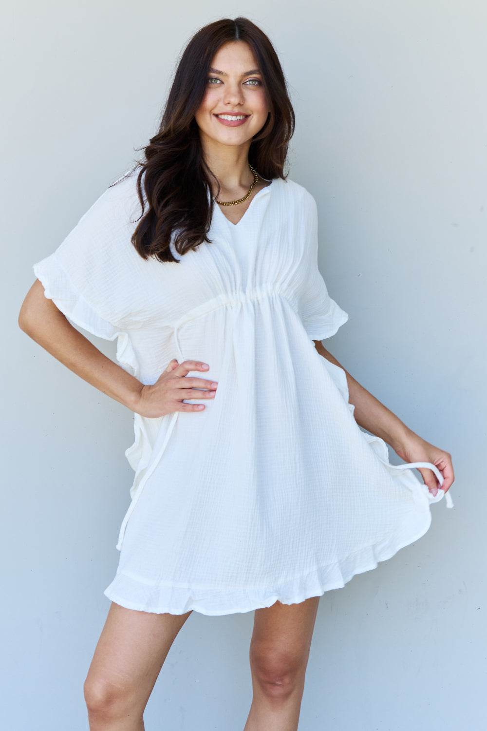 Ninexis Out Of Time Ruffle Hem Dress with Drawstring Waistband in White-Trendsi-White-S-[option4]-[option5]-[option6]-[option7]-[option8]-Shop-Boutique-Clothing-for-Women-Online