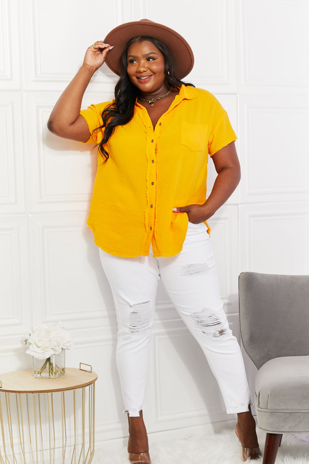 Zenana Summer Breeze Gauze Short Sleeve Shirt in Mustard-Trendsi-[option4]-[option5]-[option6]-[option7]-[option8]-Shop-Boutique-Clothing-for-Women-Online