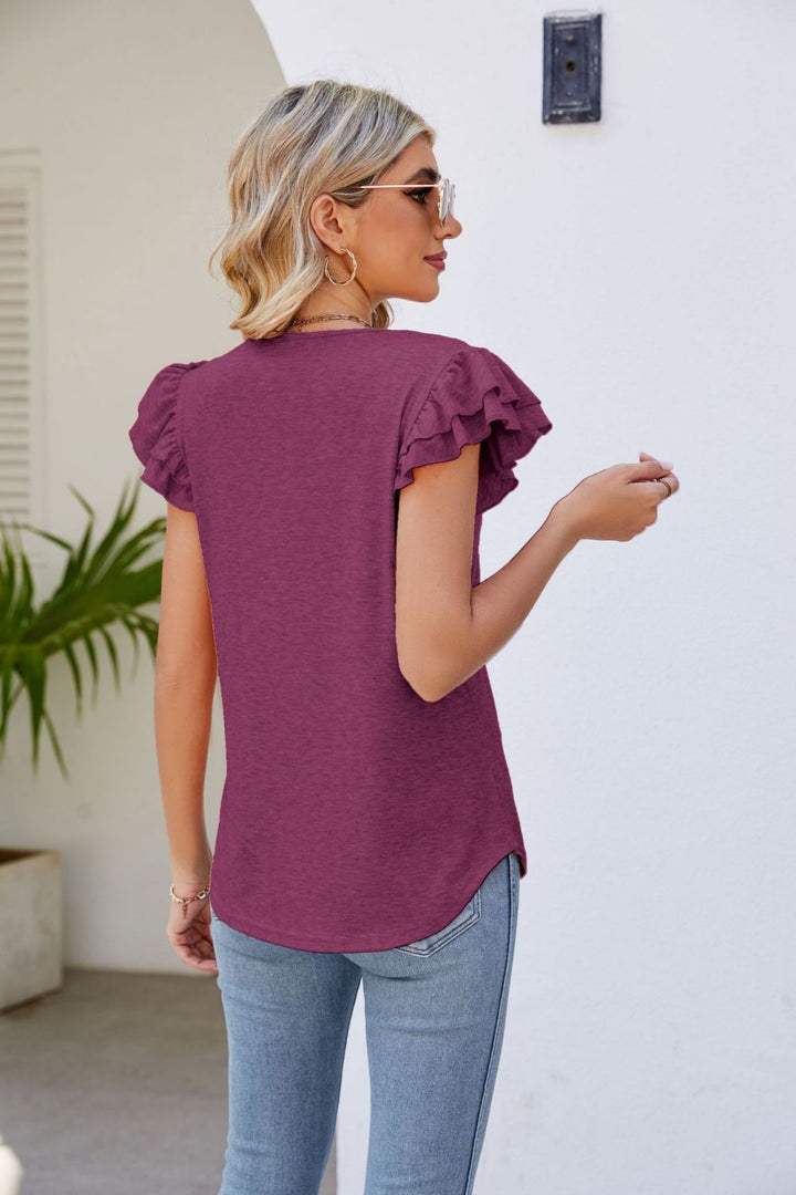 Smocked Flutter Sleeve V-Neck Top-Trendsi-[option4]-[option5]-[option6]-[option7]-[option8]-Shop-Boutique-Clothing-for-Women-Online