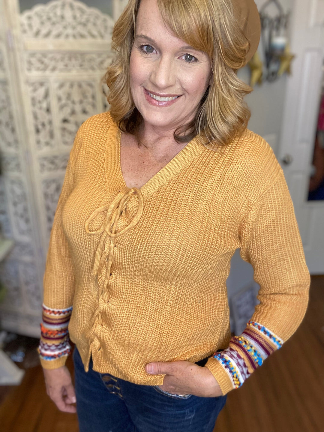 Yellow Lace Up V Neck Knit Sweater-Sweaters-The Bee Chic Boutique-[option4]-[option5]-[option6]-[option7]-[option8]-Shop-Boutique-Clothing-for-Women-Online