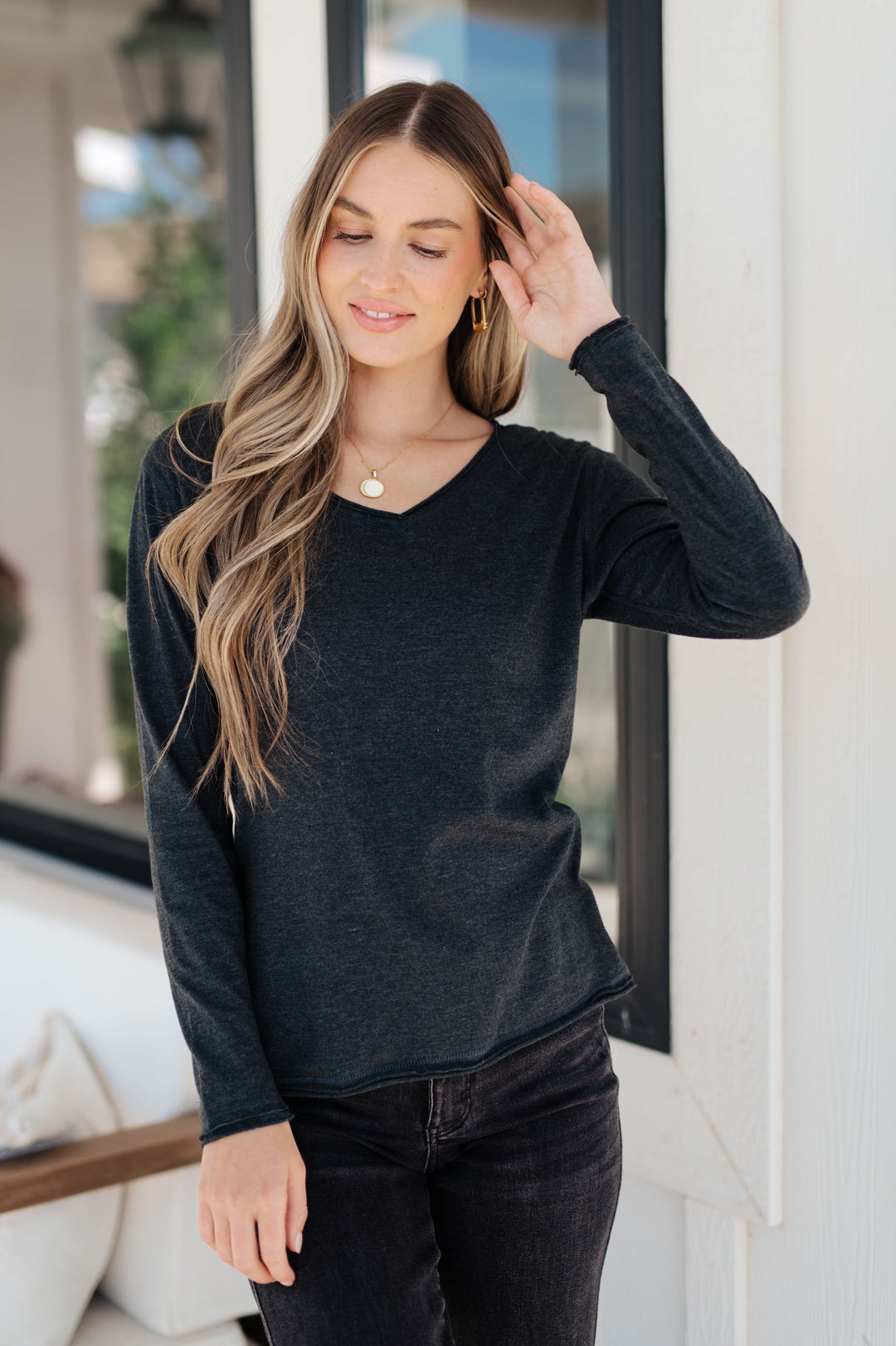 Alpine Raw Edge Long Sleeve Tee in Charcoal-Tops-Ave Shops-[option4]-[option5]-[option6]-[option7]-[option8]-Shop-Boutique-Clothing-for-Women-Online