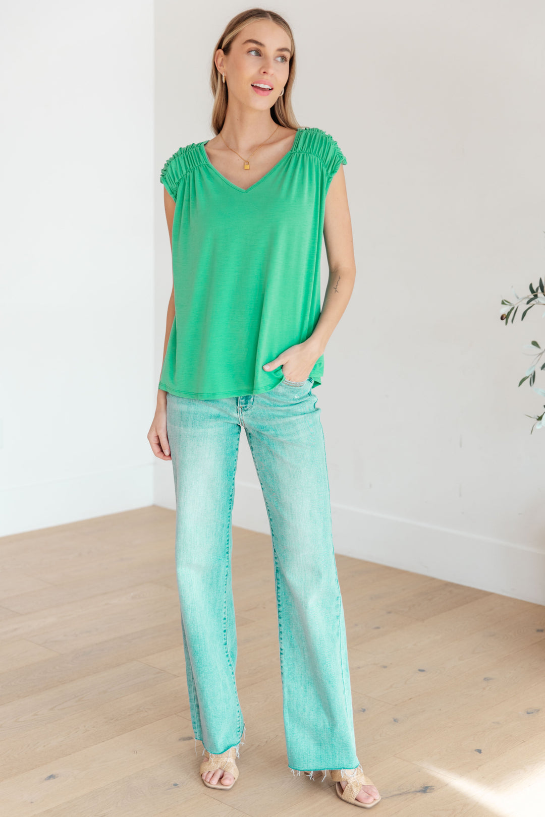 Ruched Cap Sleeve Top in Emerald-Womens-Ave Shops-[option4]-[option5]-[option6]-[option7]-[option8]-Shop-Boutique-Clothing-for-Women-Online