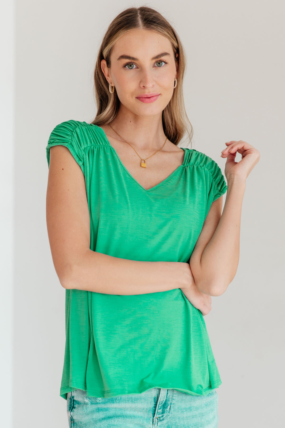 Ruched Cap Sleeve Top in Emerald-Womens-Ave Shops-[option4]-[option5]-[option6]-[option7]-[option8]-Shop-Boutique-Clothing-for-Women-Online