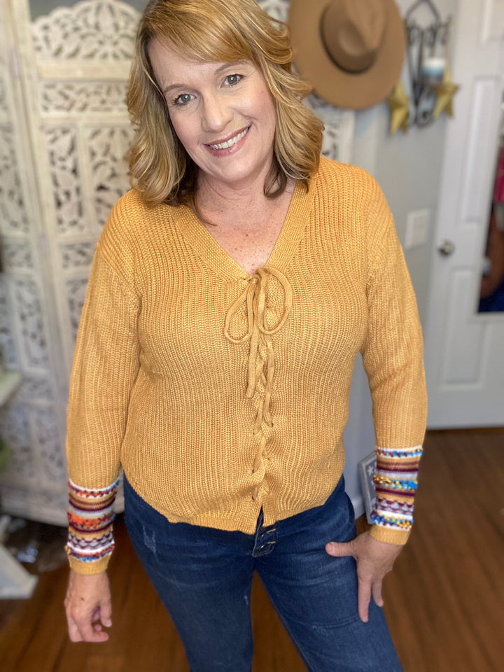 Yellow Lace Up V Neck Knit Sweater-Sweaters-The Bee Chic Boutique-[option4]-[option5]-[option6]-[option7]-[option8]-Shop-Boutique-Clothing-for-Women-Online