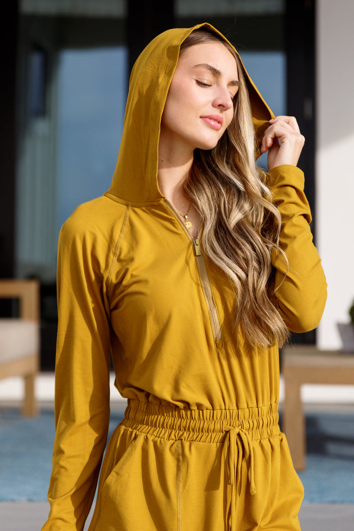 Getting Out Long Sleeve Hoodie Romper Gold Spice-Athleisure-Ave Shops-[option4]-[option5]-[option6]-[option7]-[option8]-Shop-Boutique-Clothing-for-Women-Online