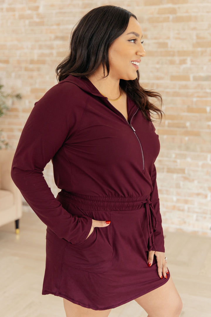 Getting Out Long Sleeve Hoodie Romper in Maroon-Athleisure-Ave Shops-[option4]-[option5]-[option6]-[option7]-[option8]-Shop-Boutique-Clothing-for-Women-Online