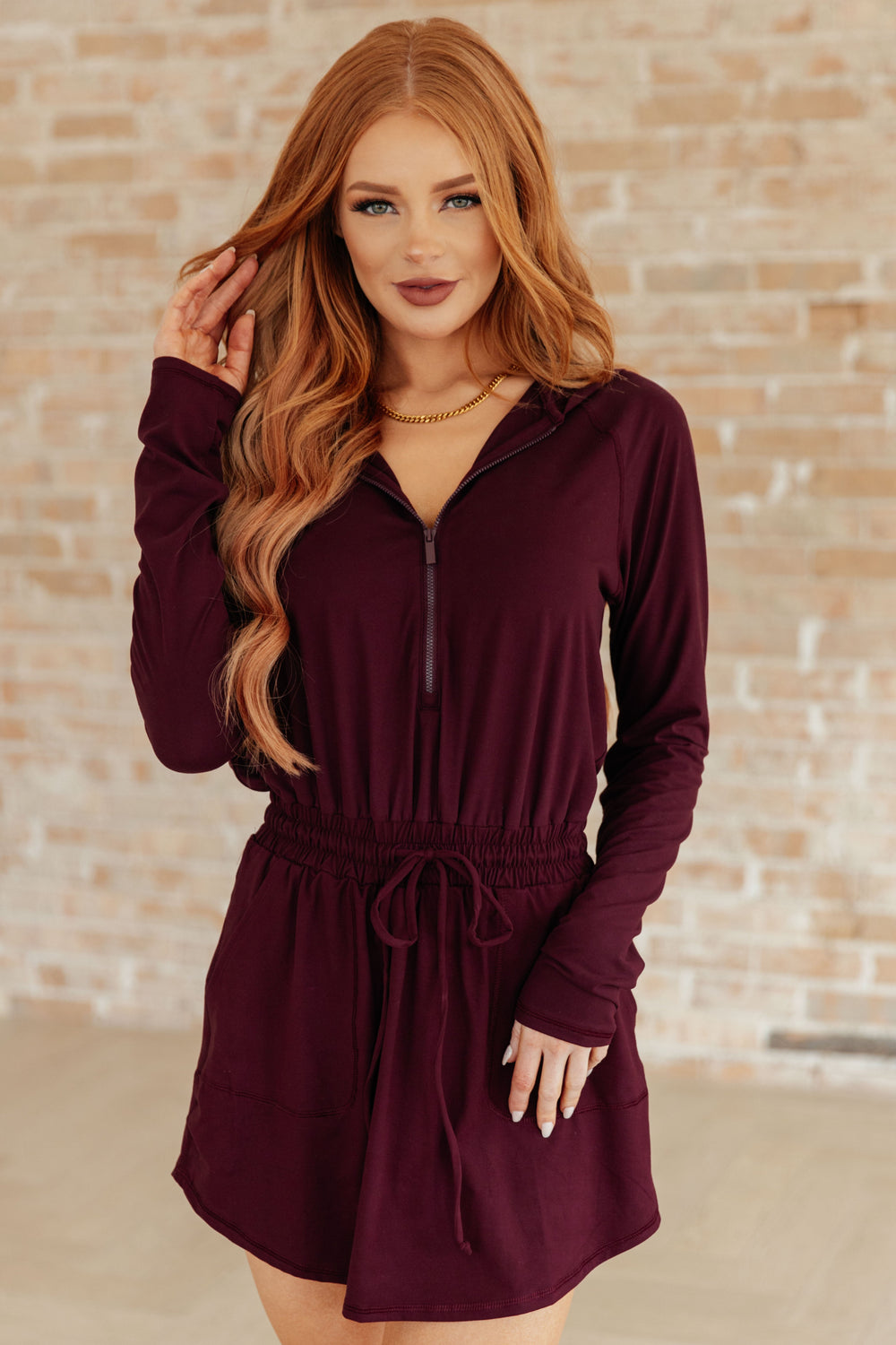 Getting Out Long Sleeve Hoodie Romper in Maroon-Athleisure-Ave Shops-[option4]-[option5]-[option6]-[option7]-[option8]-Shop-Boutique-Clothing-for-Women-Online