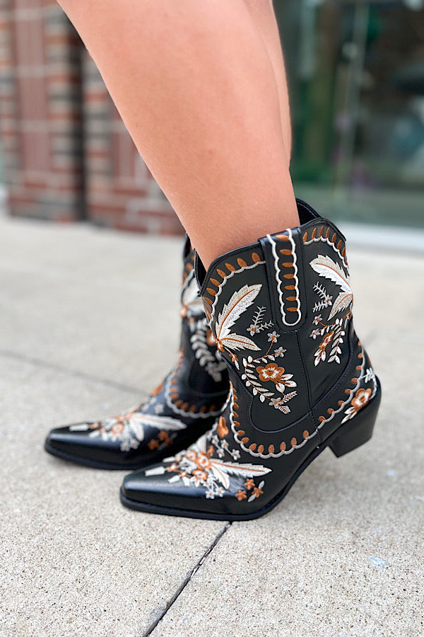 Shania Black Western Vegan Leather Embroidered Booties-WS 610 Shoes-Vera-[option4]-[option5]-[option6]-[option7]-[option8]-Shop-Boutique-Clothing-for-Women-Online