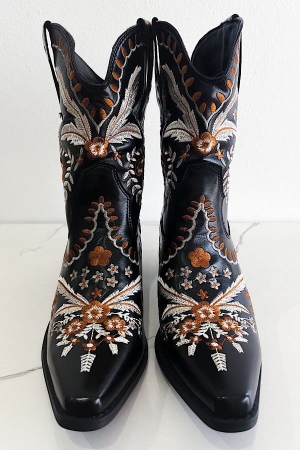 Shania Black Western Vegan Leather Embroidered Booties-WS 610 Shoes-Vera-[option4]-[option5]-[option6]-[option7]-[option8]-Shop-Boutique-Clothing-for-Women-Online