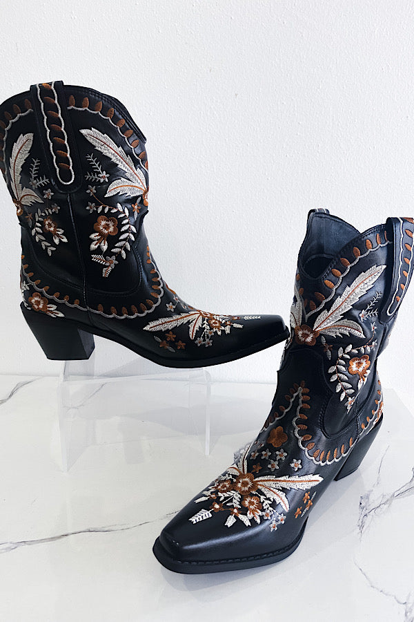 Shania Black Western Vegan Leather Embroidered Booties-WS 610 Shoes-Vera-[option4]-[option5]-[option6]-[option7]-[option8]-Shop-Boutique-Clothing-for-Women-Online