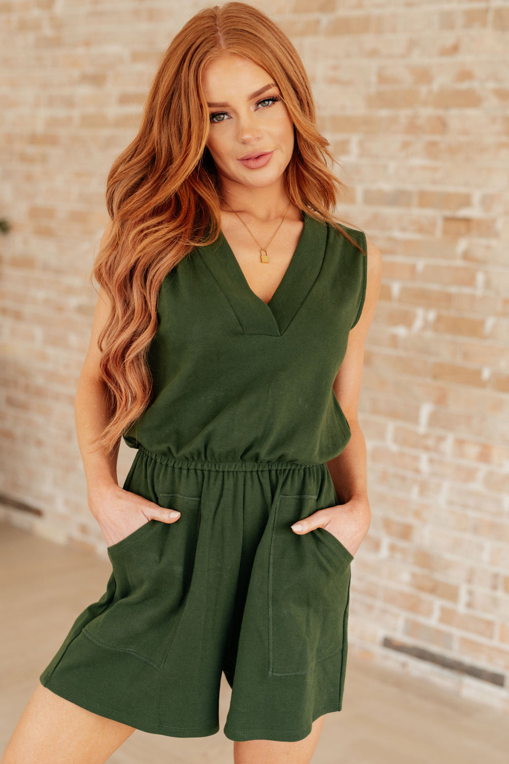 Sleeveless V-Neck Romper in Army Green-Jumpsuits & Rompers-Ave Shops-[option4]-[option5]-[option6]-[option7]-[option8]-Shop-Boutique-Clothing-for-Women-Online