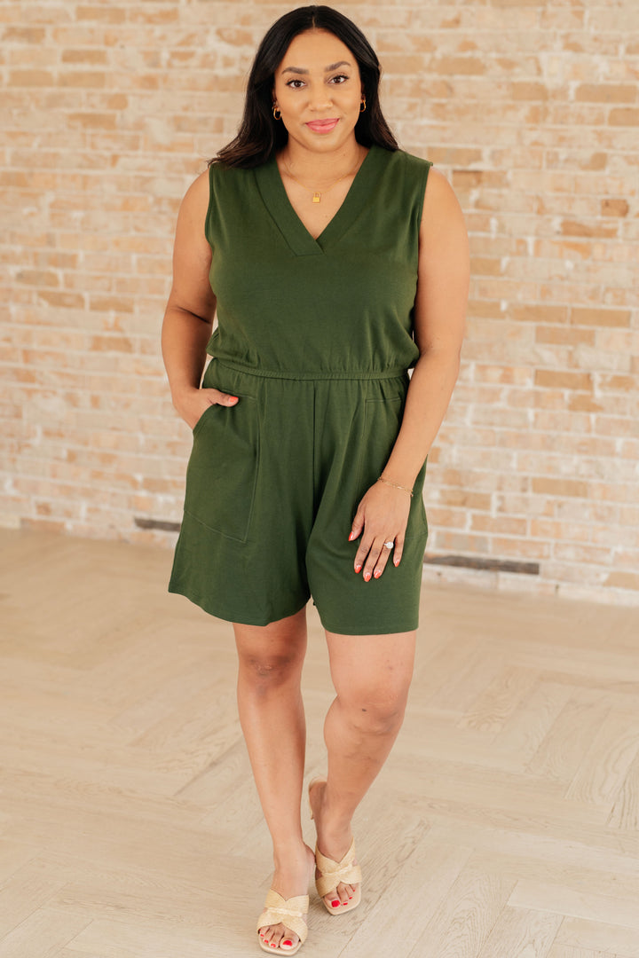 Sleeveless V-Neck Romper in Army Green-Jumpsuits & Rompers-Ave Shops-[option4]-[option5]-[option6]-[option7]-[option8]-Shop-Boutique-Clothing-for-Women-Online