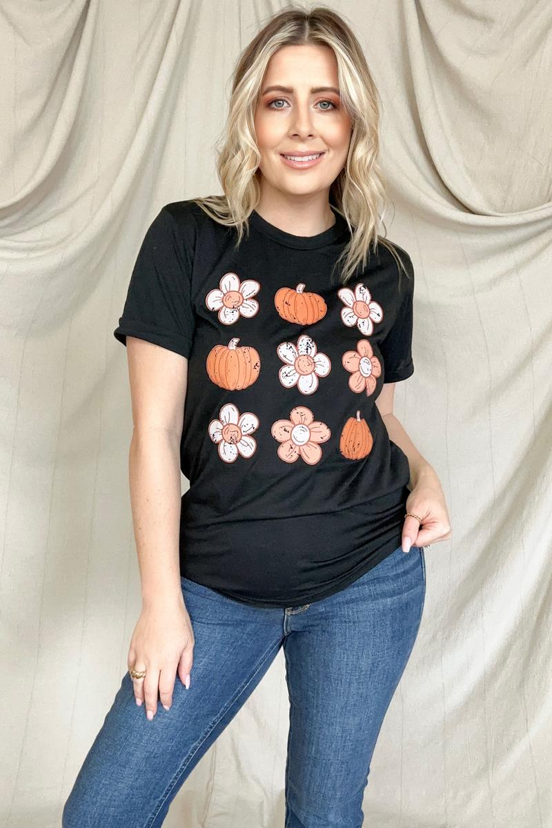 Pumpkin Flower Print Graphic Tee-T-shirts-Kiwidrop-[option4]-[option5]-[option6]-[option7]-[option8]-Shop-Boutique-Clothing-for-Women-Online