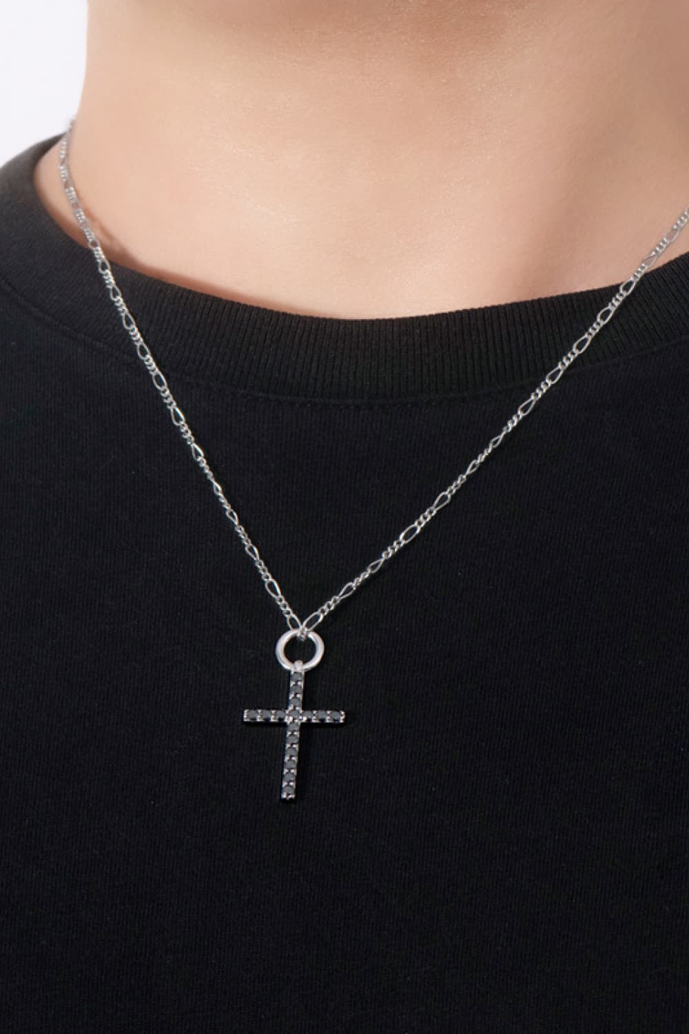 Moissanite Cross Pendant Platinum-Plated Necklace-Trendsi-Black-One Size-[option4]-[option5]-[option6]-[option7]-[option8]-Shop-Boutique-Clothing-for-Women-Online
