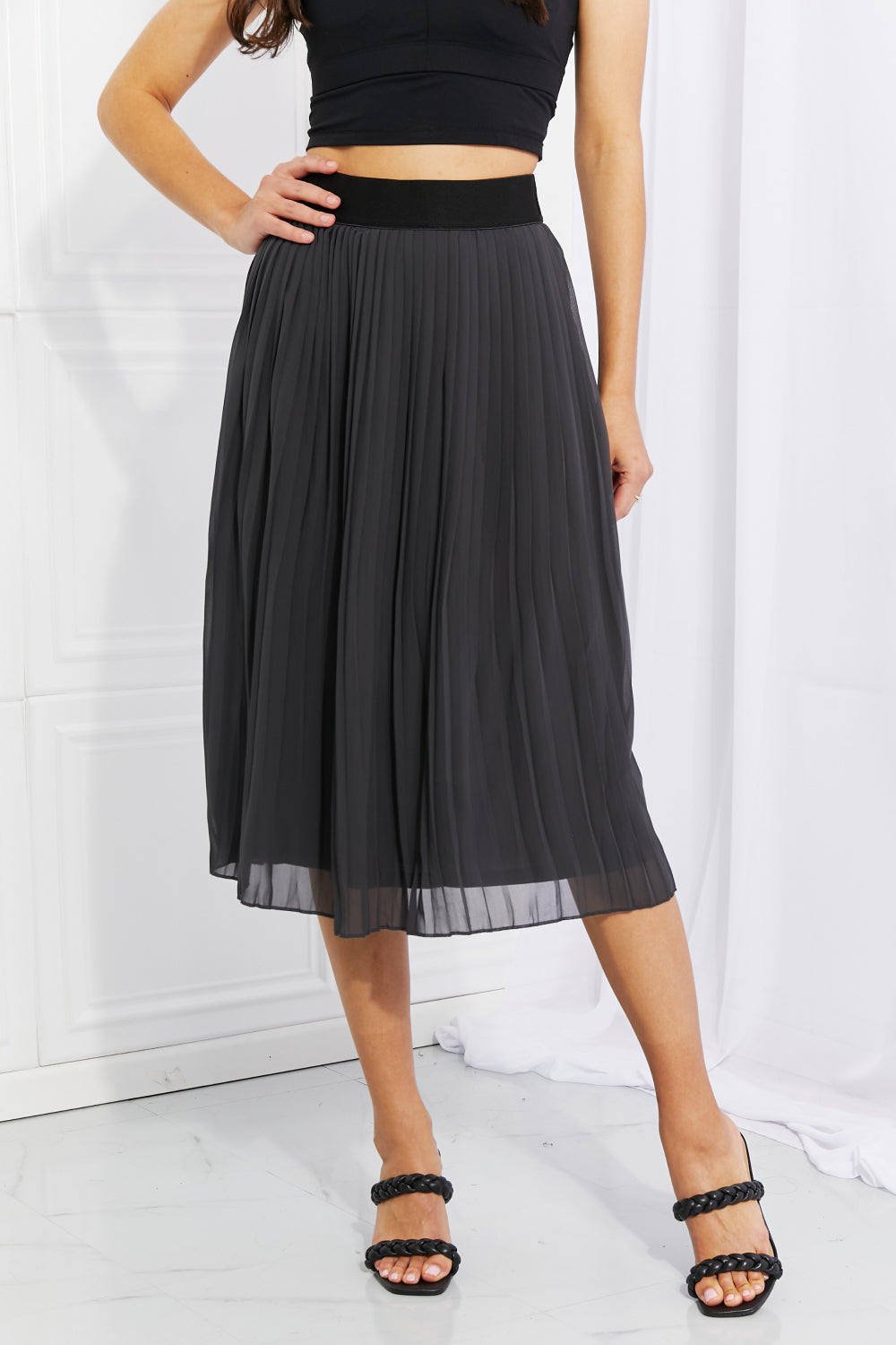 Zenana Romantic At Heart Pleated Chiffon Midi Skirt-Trendsi-Dark Gray-S-[option4]-[option5]-[option6]-[option7]-[option8]-Shop-Boutique-Clothing-for-Women-Online