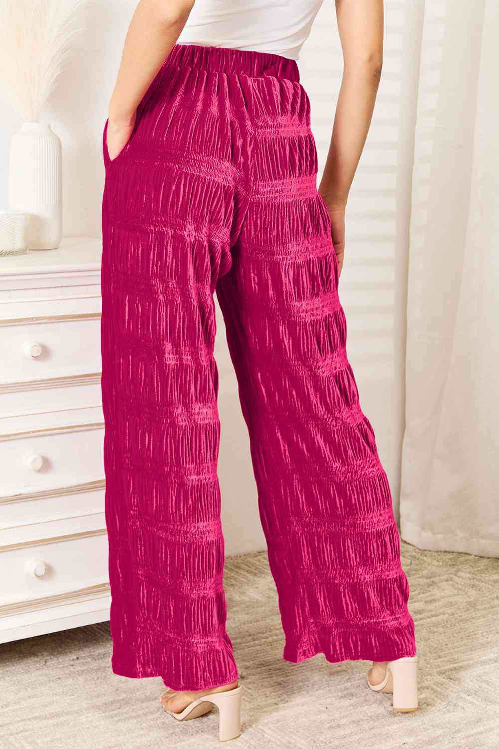 Double Take High Waist Tiered Shirring Velvet Wide Leg Pants-Trendsi-[option4]-[option5]-[option6]-[option7]-[option8]-Shop-Boutique-Clothing-for-Women-Online