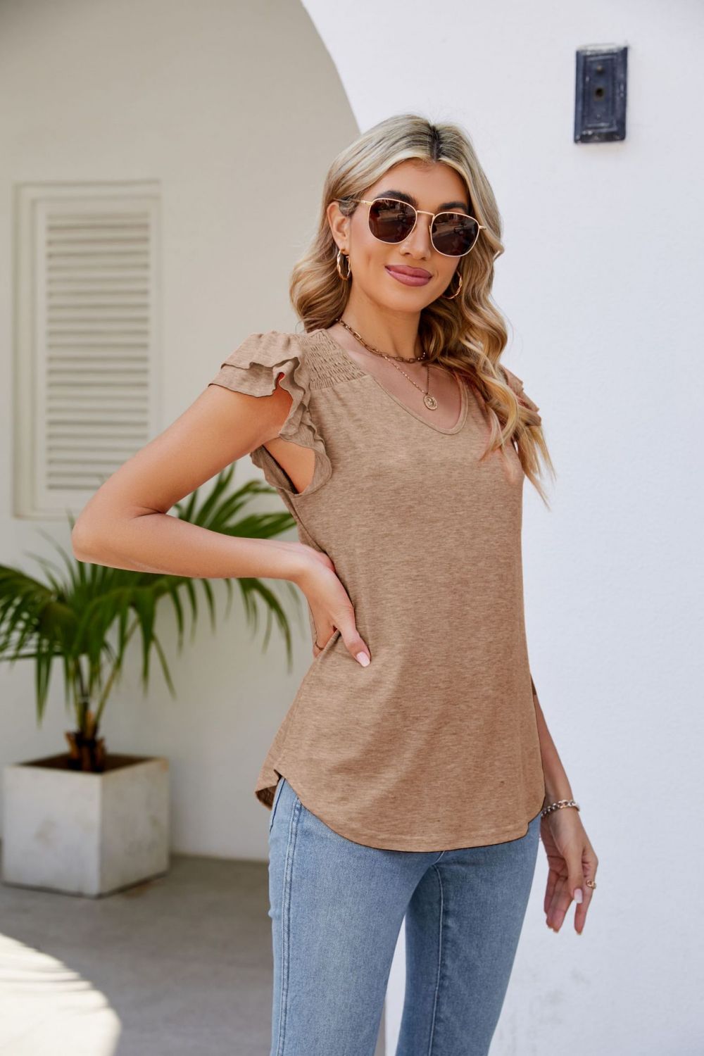 Smocked Flutter Sleeve V-Neck Top-Trendsi-[option4]-[option5]-[option6]-[option7]-[option8]-Shop-Boutique-Clothing-for-Women-Online