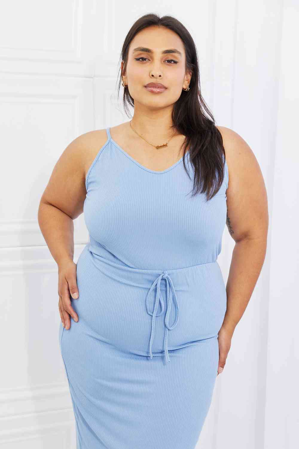 Capella Flatter Me Full Size Ribbed Front Tie Midi Dress in Pastel Blue-Trendsi-[option4]-[option5]-[option6]-[option7]-[option8]-Shop-Boutique-Clothing-for-Women-Online