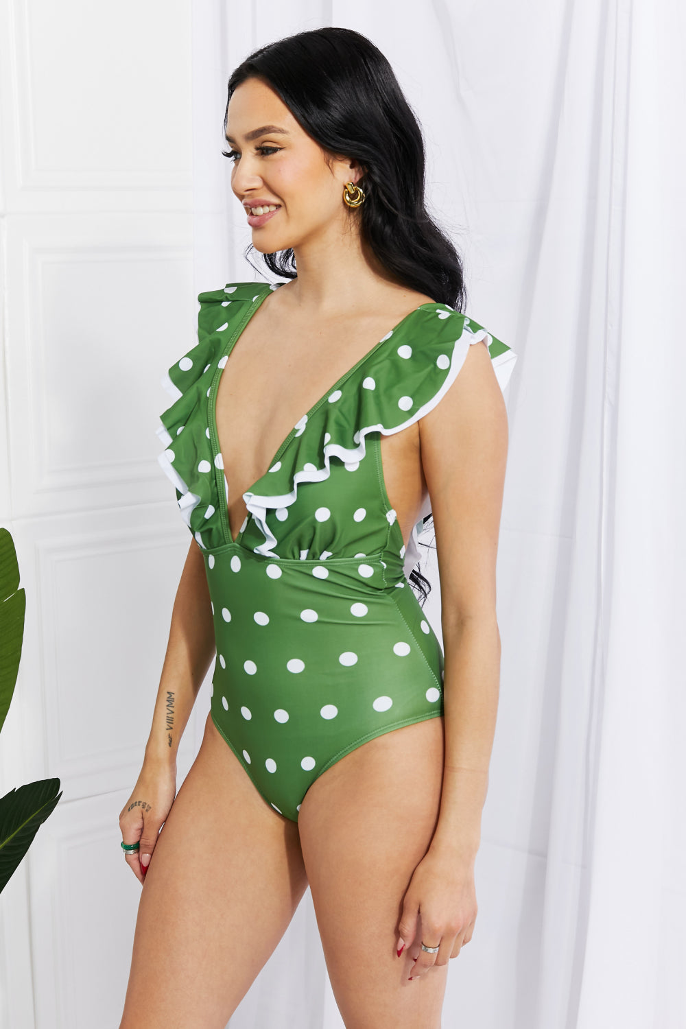 Marina West Swim Moonlit Dip Ruffle Plunge Swimsuit in Mid Green-Trendsi-[option4]-[option5]-[option6]-[option7]-[option8]-Shop-Boutique-Clothing-for-Women-Online