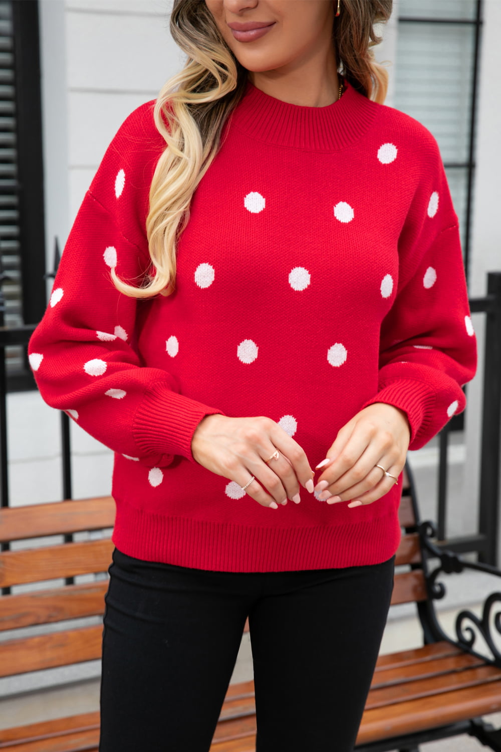 Woven Right Polka Dot Round Neck Dropped Shoulder Sweater-Trendsi-[option4]-[option5]-[option6]-[option7]-[option8]-Shop-Boutique-Clothing-for-Women-Online