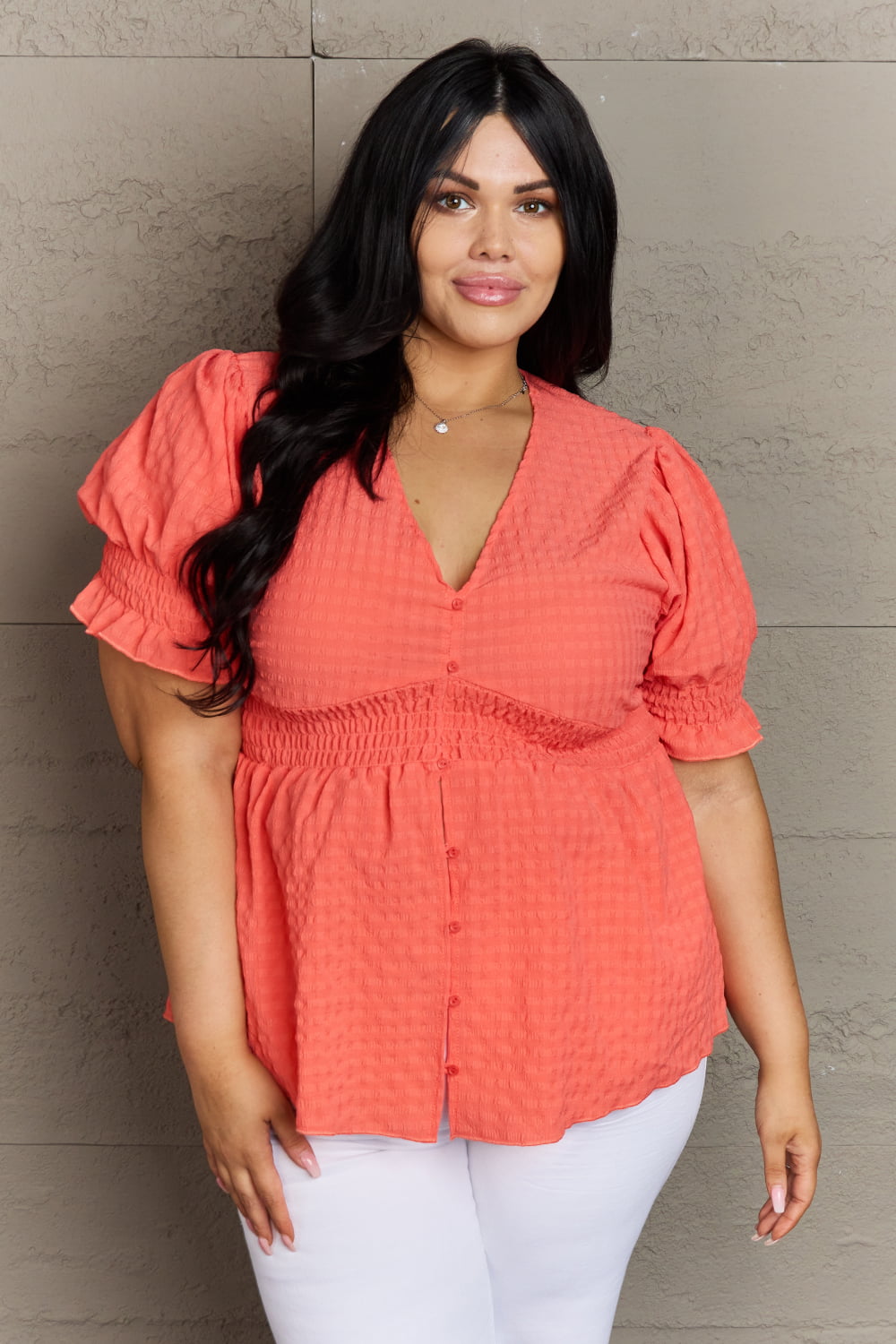 Culture Code Whimsical Wonders V-Neck Puff Sleeve Button Down Top-Trendsi-Coral-S-[option4]-[option5]-[option6]-[option7]-[option8]-Shop-Boutique-Clothing-for-Women-Online