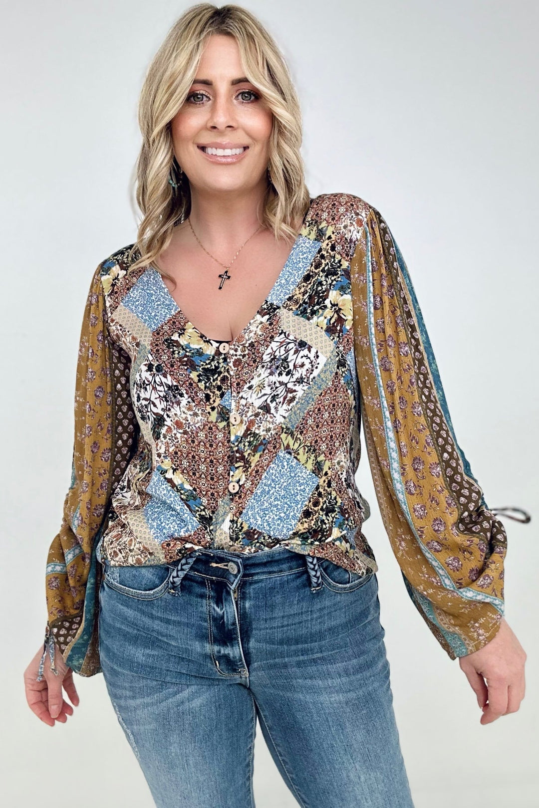 BiBi Floral Print Woven With Stripe Ruched Sleeves Top-Blouses-The Bee Chic Boutique-Camel/Denim-S-[option4]-[option5]-[option6]-[option7]-[option8]-Shop-Boutique-Clothing-for-Women-Online