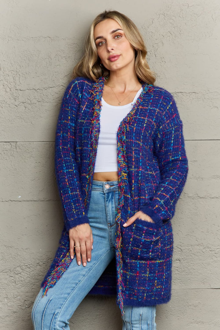 Plaid Fringe Trim Open Front Longline Cardigan-Trendsi-Navy-S-[option4]-[option5]-[option6]-[option7]-[option8]-Shop-Boutique-Clothing-for-Women-Online