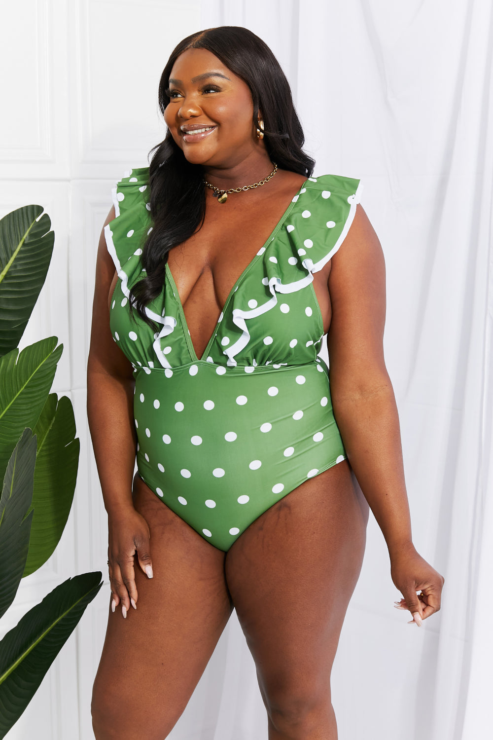 Marina West Swim Moonlit Dip Ruffle Plunge Swimsuit in Mid Green-Trendsi-Mid Green-S-[option4]-[option5]-[option6]-[option7]-[option8]-Shop-Boutique-Clothing-for-Women-Online