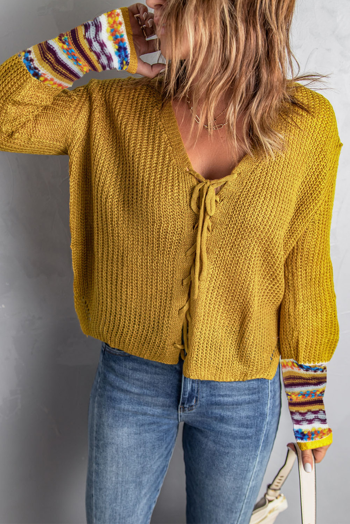 Yellow Lace Up V Neck Knit Sweater-Sweaters-The Bee Chic Boutique-[option4]-[option5]-[option6]-[option7]-[option8]-Shop-Boutique-Clothing-for-Women-Online