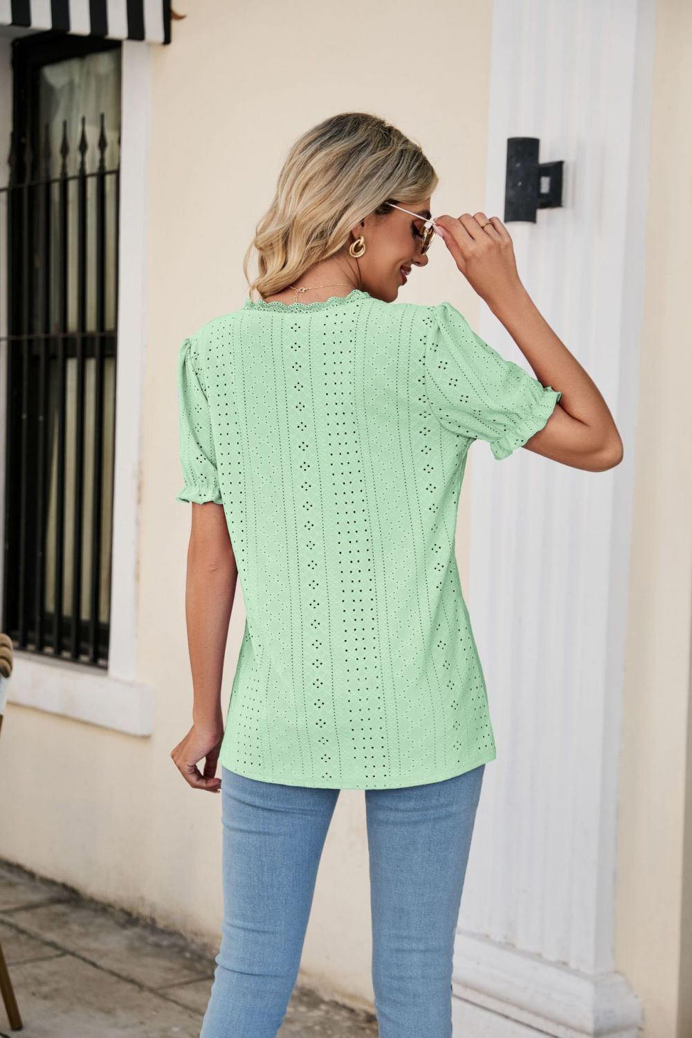 Eyelet Flounce Sleeve Scalloped V-Neck Top-Trendsi-[option4]-[option5]-[option6]-[option7]-[option8]-Shop-Boutique-Clothing-for-Women-Online