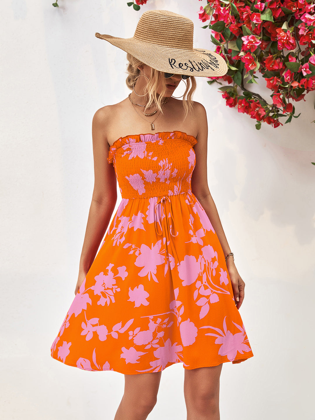Floral Frill Trim Strapless Smocked Dress-Trendsi-Orange-S-[option4]-[option5]-[option6]-[option7]-[option8]-Shop-Boutique-Clothing-for-Women-Online