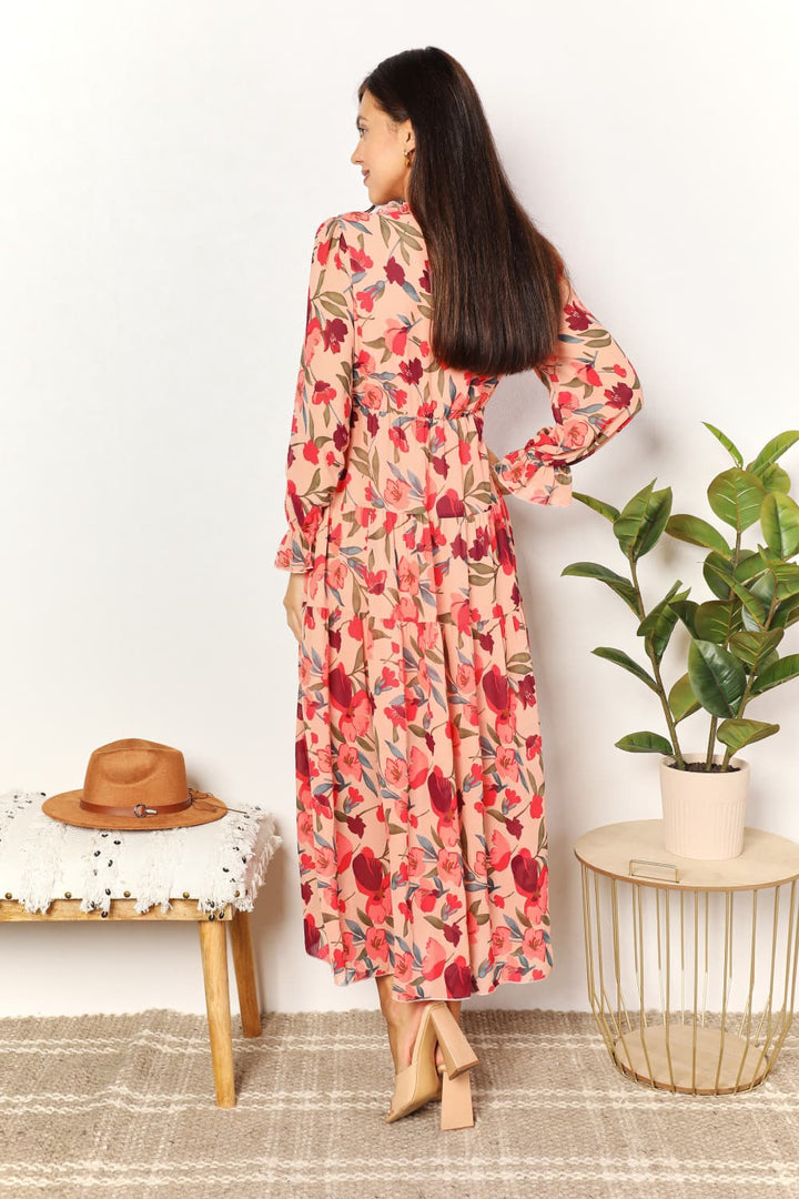 Double Take Floral Frill Trim Flounce Sleeve Plunge Maxi Dress-Trendsi-[option4]-[option5]-[option6]-[option7]-[option8]-Shop-Boutique-Clothing-for-Women-Online