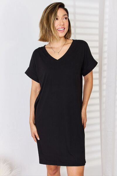 Zenana Rolled Short Sleeve V-Neck Dress-Trendsi-Black-S-[option4]-[option5]-[option6]-[option7]-[option8]-Shop-Boutique-Clothing-for-Women-Online