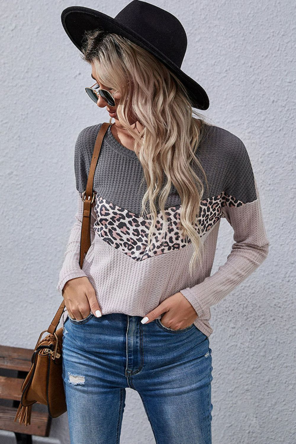 Leopard Color Block Waffle-Knit Top-Trendsi-[option4]-[option5]-[option6]-[option7]-[option8]-Shop-Boutique-Clothing-for-Women-Online