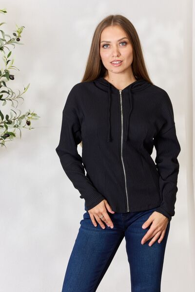Culture Code Ribbed Zip Up Drawstring Hooded Jacket-Trendsi-Black-S-[option4]-[option5]-[option6]-[option7]-[option8]-Shop-Boutique-Clothing-for-Women-Online