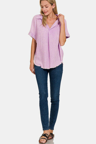 Zenana Washed Linen Raw Hem V-Neck Shirt-Trendsi-[option4]-[option5]-[option6]-[option7]-[option8]-Shop-Boutique-Clothing-for-Women-Online
