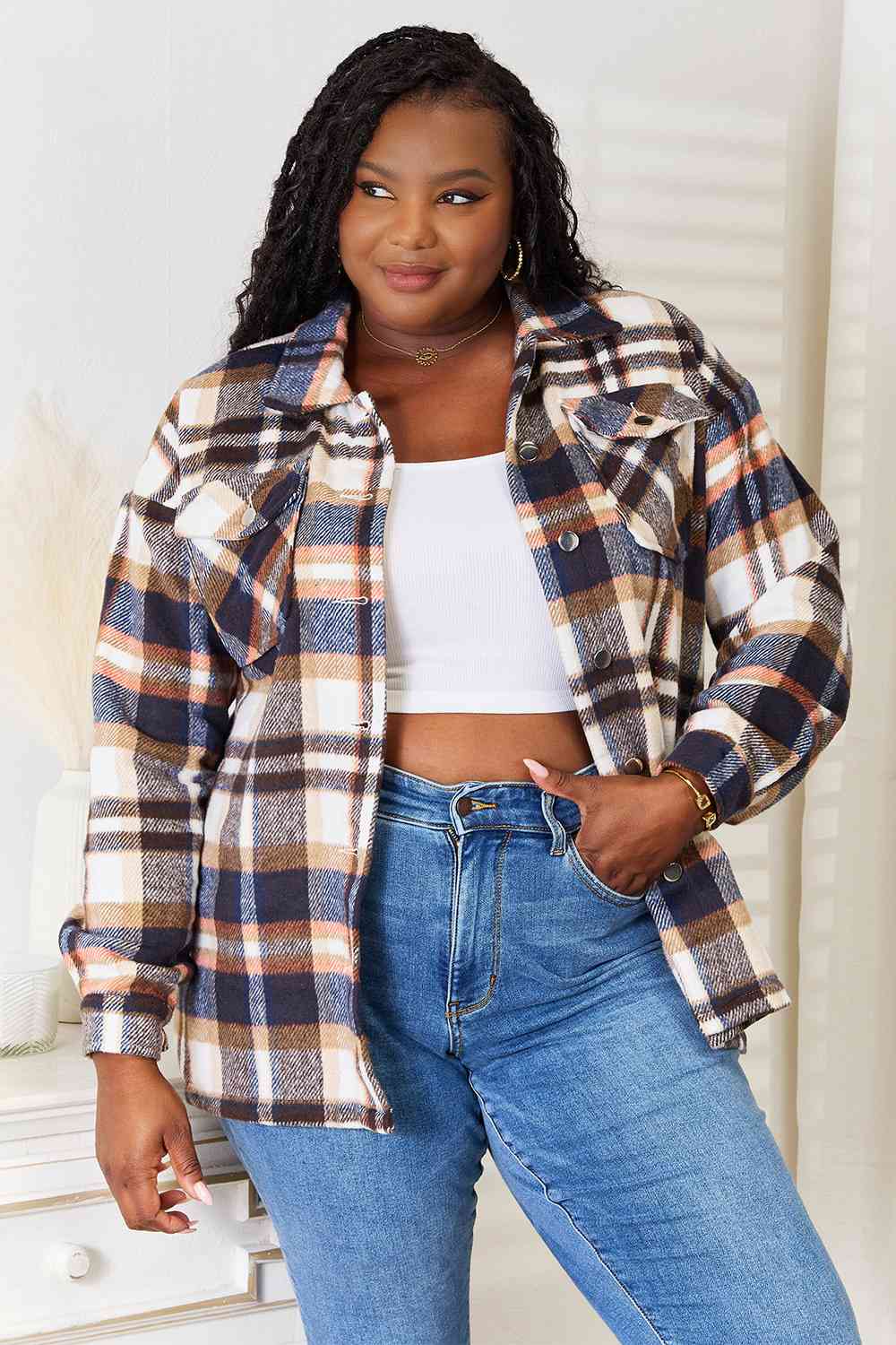Double Take Plaid Button Front Shirt Jacket with Breast Pockets-Trendsi-Navy-S-[option4]-[option5]-[option6]-[option7]-[option8]-Shop-Boutique-Clothing-for-Women-Online