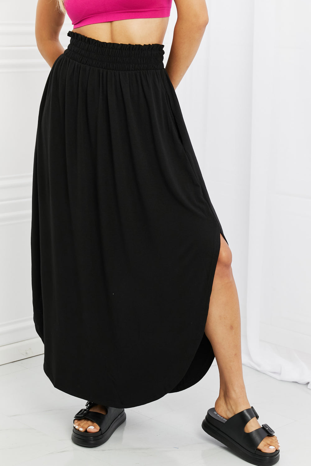 Zenana It's My Time Side Scoop Scrunch Skirt in Black-Trendsi-[option4]-[option5]-[option6]-[option7]-[option8]-Shop-Boutique-Clothing-for-Women-Online