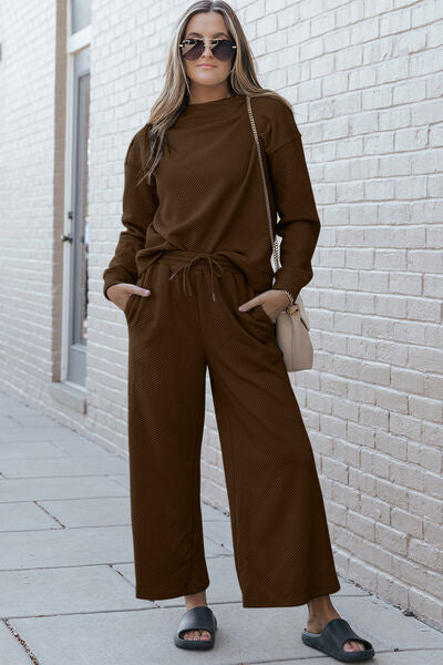 Double Take Textured Long Sleeve Top and Drawstring Pants Set-Trendsi-Chestnut-S-[option4]-[option5]-[option6]-[option7]-[option8]-Shop-Boutique-Clothing-for-Women-Online