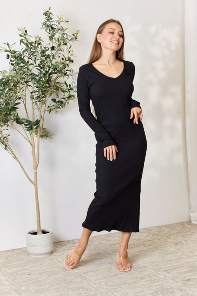 Culture Code Ribbed Long Sleeve Midi Slit Dress-Trendsi-[option4]-[option5]-[option6]-[option7]-[option8]-Shop-Boutique-Clothing-for-Women-Online